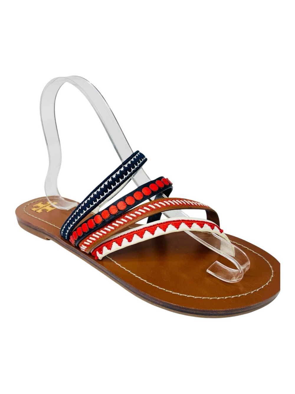 Tory Burch Patos Red Navy White Embroided Straps Tan Leather Sole Sandals Sz8.5